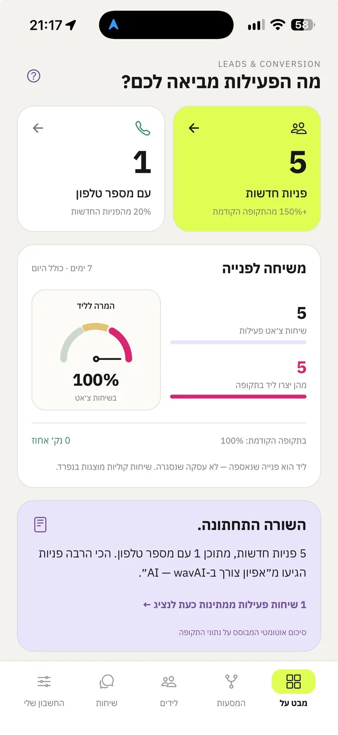 צילום מסך מתוך Wave AI: מלידים לתובנות — פניות, המרות וסיכומים